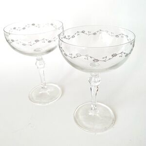 Mid-Century Crystal Silver Floral Champagne Coupes, 2pcs